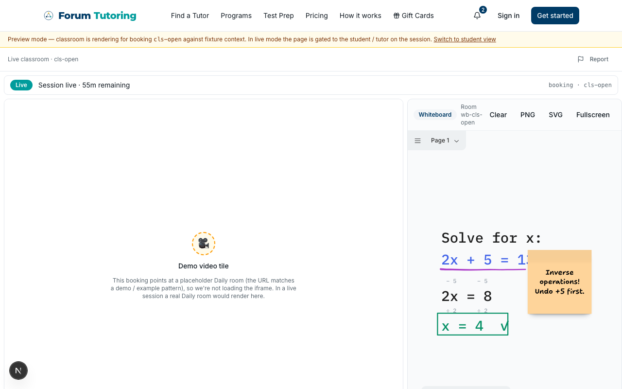 Forum Tutoring classroom — shared whiteboard with tutor and student drawings